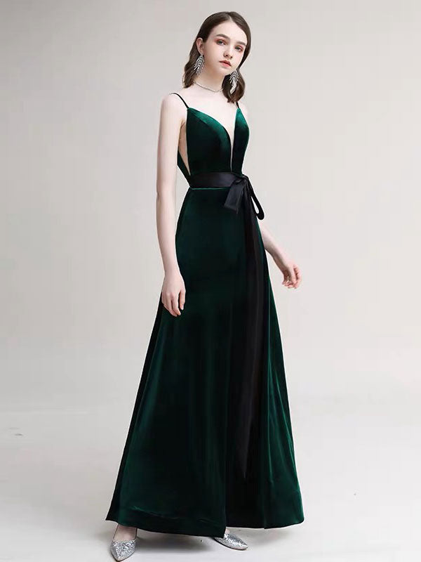 Evening Dress A Line V Neck Velour Floor Length Sash Social Pageant Dresses