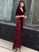 Evening Dress Sheath V Neck Velour Floor Length Sash Social Party Dresses