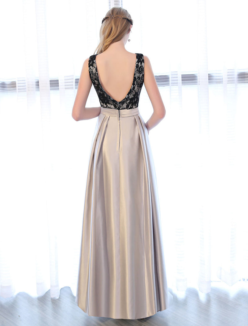 Evening Dresses Satin Lace evening dress Sleeveless Backless Pleated Pockets Floor Length Formal Dress