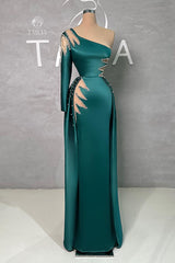 Amazing Floor Length One Shoulder Rhinestones Long Sleeve Prom Dress With Detachable Train