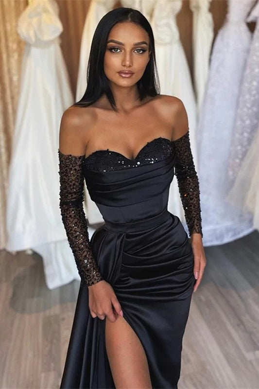 Amazing Long Black Mermaid Front Split Long Sequins Prom Dresses-stylesnuggle