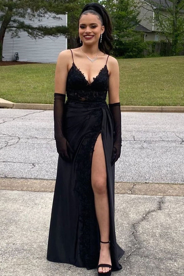 Amazing Long Black V-neck Spaghetti Straps Lace Sleeveless Prom Dresses Long Slit Online-stylesnuggle