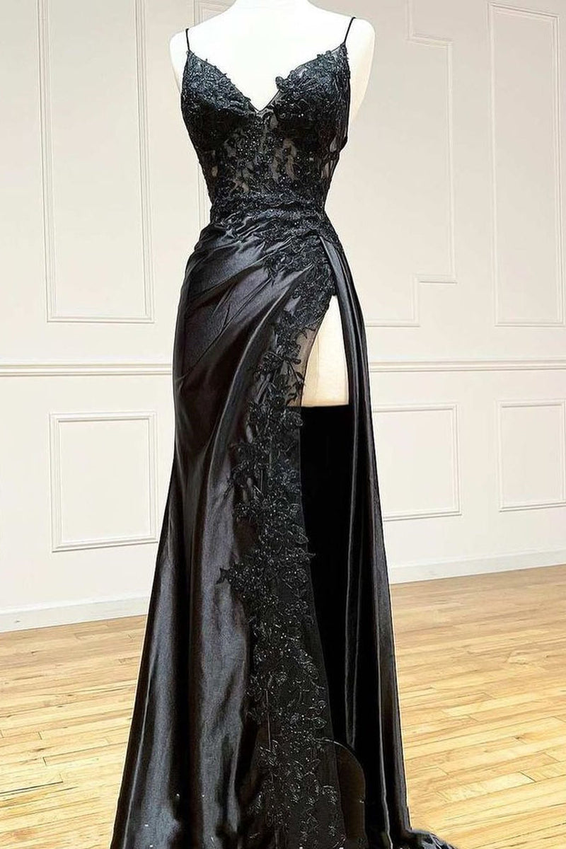 Amazing Long Black V-neck Spaghetti Straps Lace Sleeveless Prom Dresses Long Slit Online-stylesnuggle