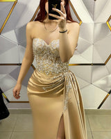 Amazing Long Champagne Sleeveless Beading Lace Evening Prom Dresses With Slit-stylesnuggle