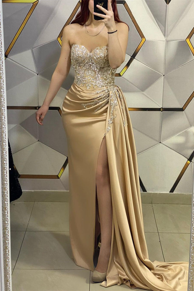 Amazing Long Champagne Sleeveless Beading Lace Evening Prom Dresses With Slit-stylesnuggle