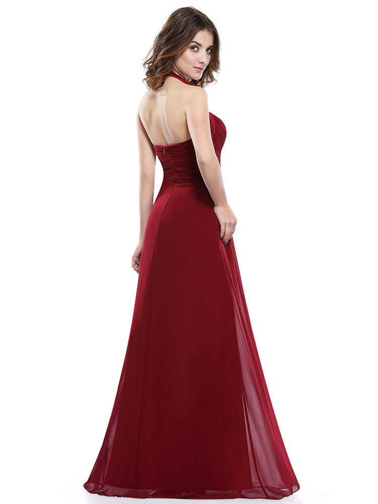 Long Evening Dress Burgundy Halter Party Dress Chiffon Sweetheart Draping A Line Maxi Evening Gown wedding guest dress