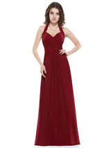 Long Evening Dress Burgundy Halter Party Dress Chiffon Sweetheart Draping A Line Maxi Evening Gown wedding guest dress