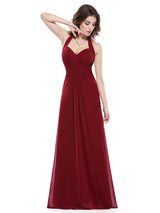 Long Evening Dress Burgundy Halter Party Dress Chiffon Sweetheart Draping A Line Maxi Evening Gown wedding guest dress