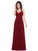 Long Evening Dress Burgundy Halter Party Dress Chiffon Sweetheart Draping A Line Maxi Evening Gown wedding guest dress