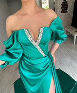 Amazing Long Green Off-the-Shoulder Prom Dresses Long Slit Online-stylesnuggle