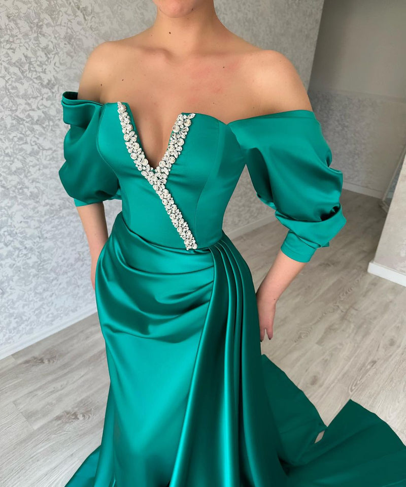 Amazing Long Green Off-the-Shoulder Prom Dresses Long Slit Online-stylesnuggle