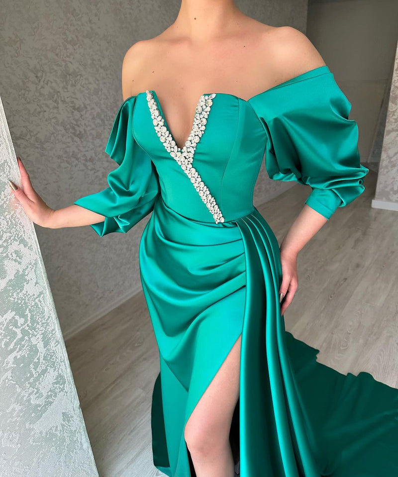 Amazing Long Green Off-the-Shoulder Prom Dresses Long Slit Online-stylesnuggle