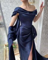 Amazing Long Navy Off-the-Shoulder Mermaid Prom Dresses Long Slit Online-stylesnuggle