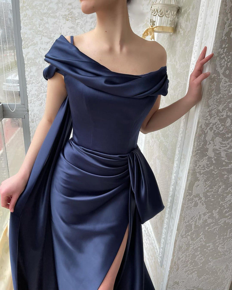 Amazing Long Navy Off-the-Shoulder Mermaid Prom Dresses Long Slit Online-stylesnuggle