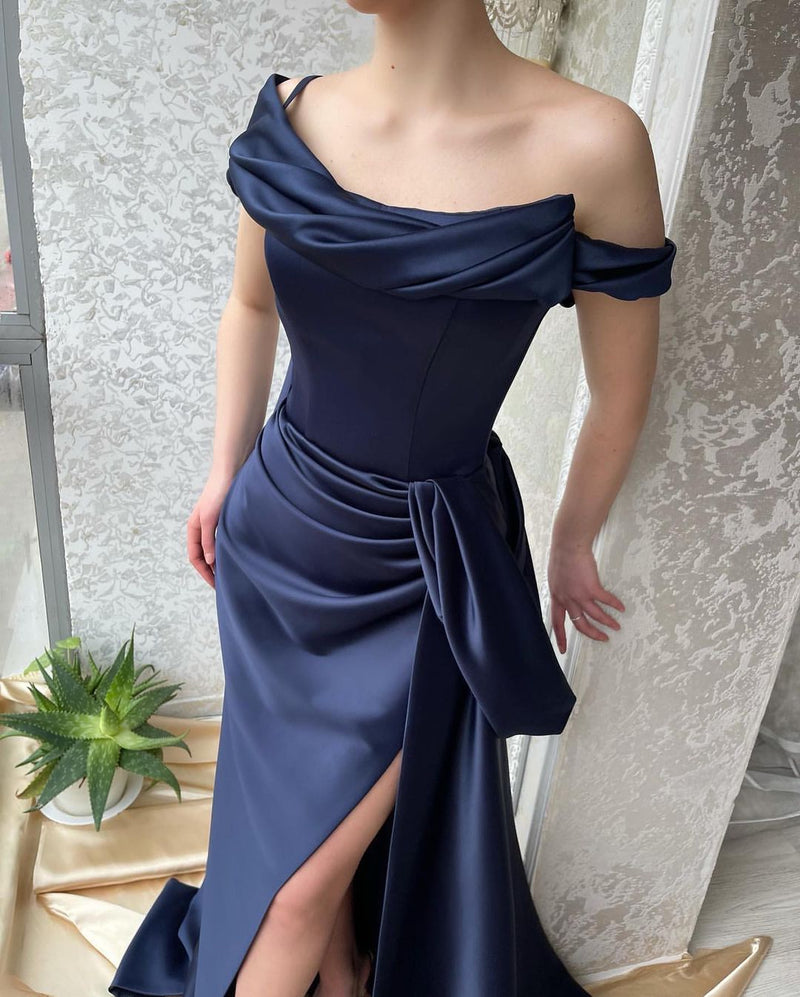 Amazing Long Navy Off-the-Shoulder Mermaid Prom Dresses Long Slit Online-stylesnuggle