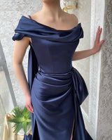 Amazing Long Navy Off-the-Shoulder Mermaid Prom Dresses Long Slit Online-stylesnuggle