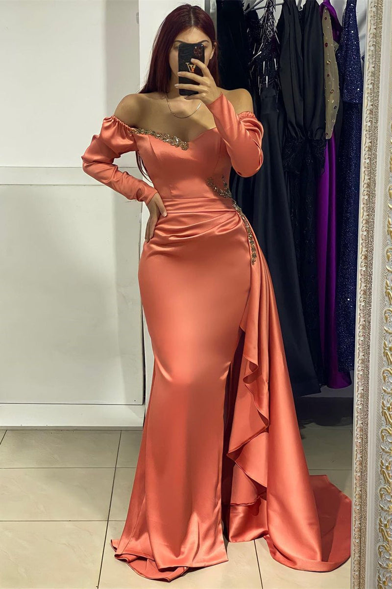 Amazing Long Satin V-neck Long Sleeves Evening Prom Dresses With Rhinestone-stylesnuggle