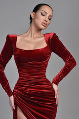 Amazing Long Sleeves Burgundy Prom Dress Velvet Split-stylesnuggle