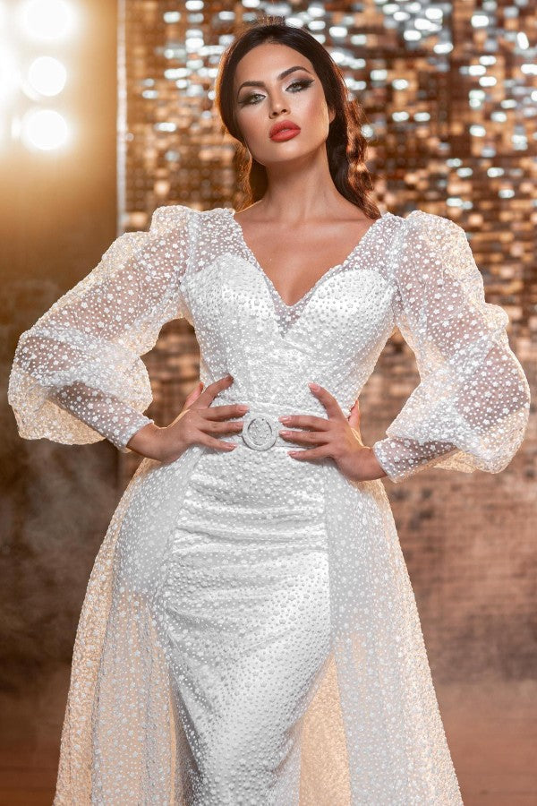 Amazing Long V-Neck Glitter Wedding Dresses Online With Long Sleevess-stylesnuggle