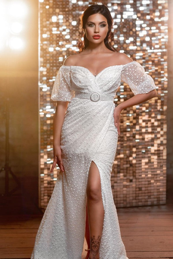 Amazing Long V-Neck Glitter Wedding Dresses Online With Long Sleevess-stylesnuggle