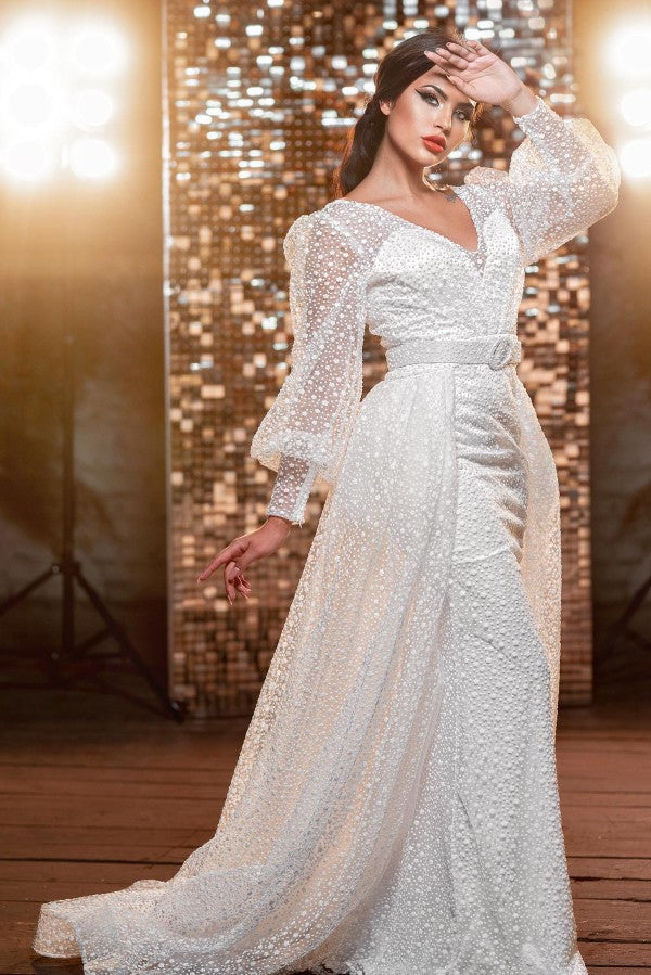 Amazing Long V-Neck Glitter Wedding Dresses Online With Long Sleevess-stylesnuggle