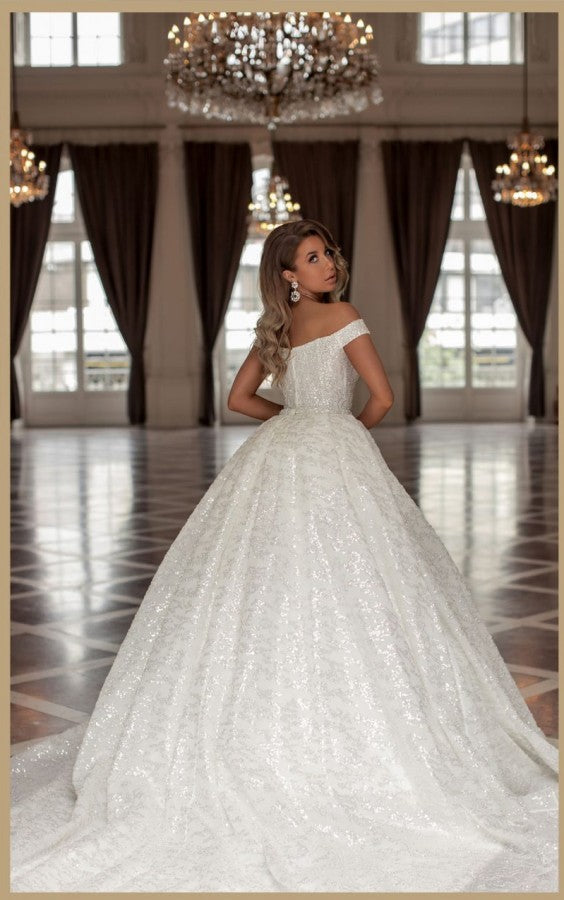 Amazing Princess Long White Off-the-Shoulder Glitter Long Wedding Dresses Online-stylesnuggle