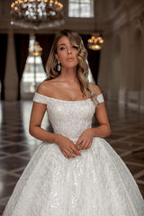 Amazing Princess Long White Off-the-Shoulder Glitter Long Wedding Dresses Online-stylesnuggle