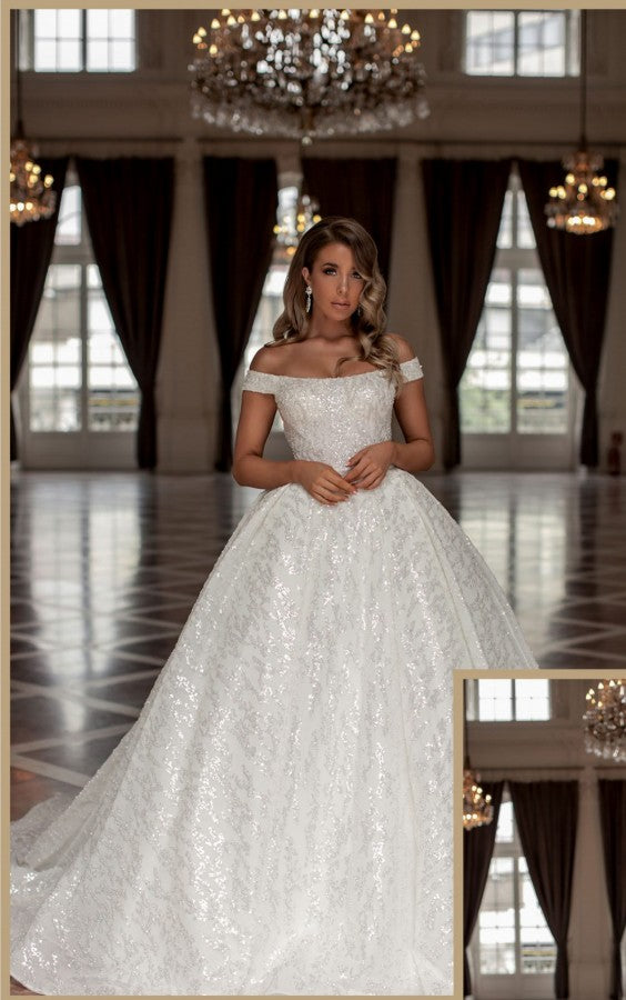 Amazing Princess Long White Off-the-Shoulder Glitter Long Wedding Dresses Online-stylesnuggle