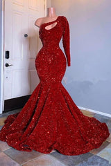 Amazing Red Long Sleeves Prom Dress One-Shoulder Mermaid With Sequins-stylesnuggle