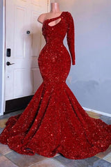 Amazing Red Long Sleeves Prom Dress One-Shoulder Mermaid With Sequins-stylesnuggle