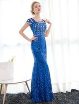 Sequin Evening Dresses Royal Blue Mermaid Formal Dress Rhinestones Beaded Cap Sleeve Floor Length Evening Gown wedding guest dress