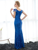 Sequin Evening Dresses Royal Blue Mermaid Formal Dress Rhinestones Beaded Cap Sleeve Floor Length Evening Gown wedding guest dress