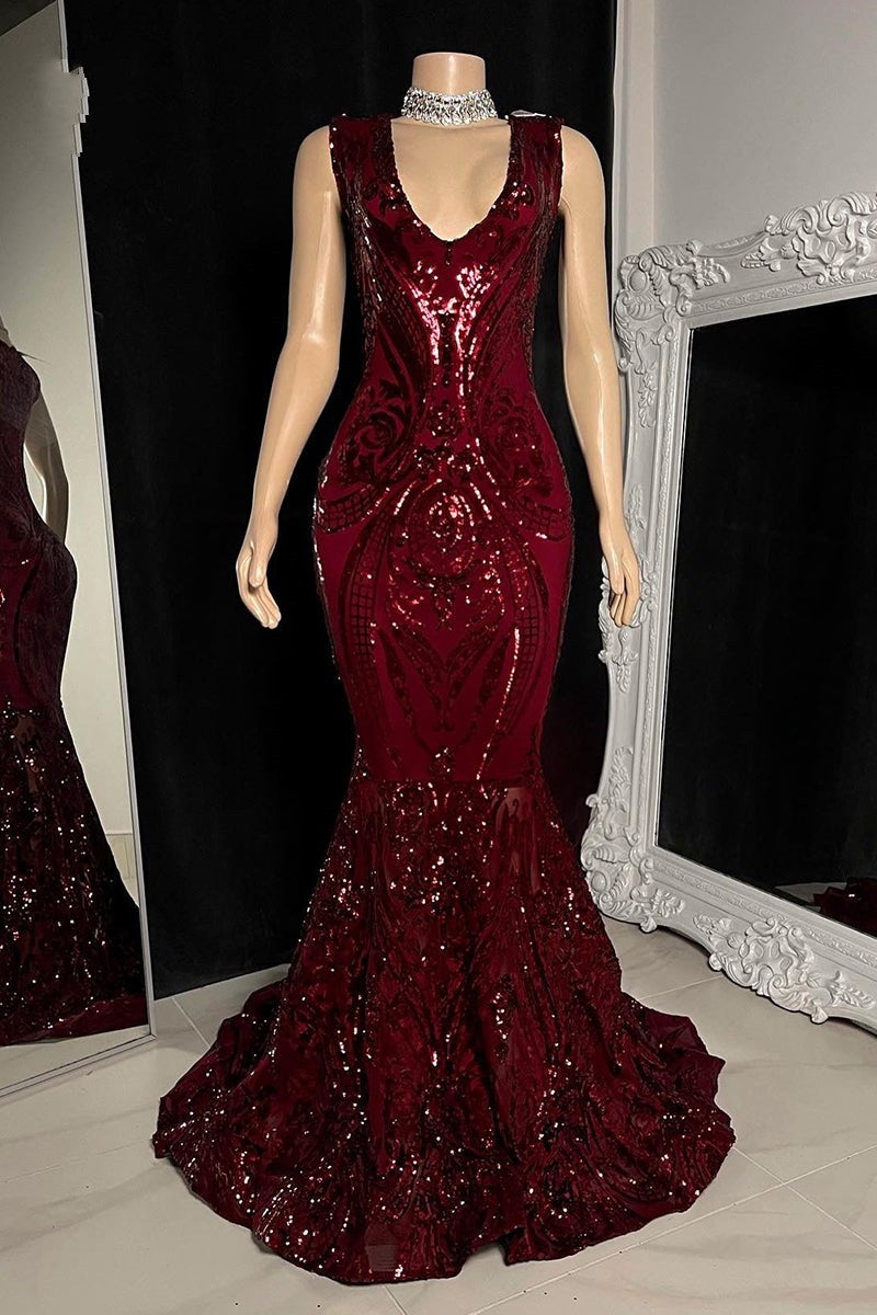 Amazing Sequins Mermaid Prom Dresses Sleeveless V-Neck Online-stylesnuggle