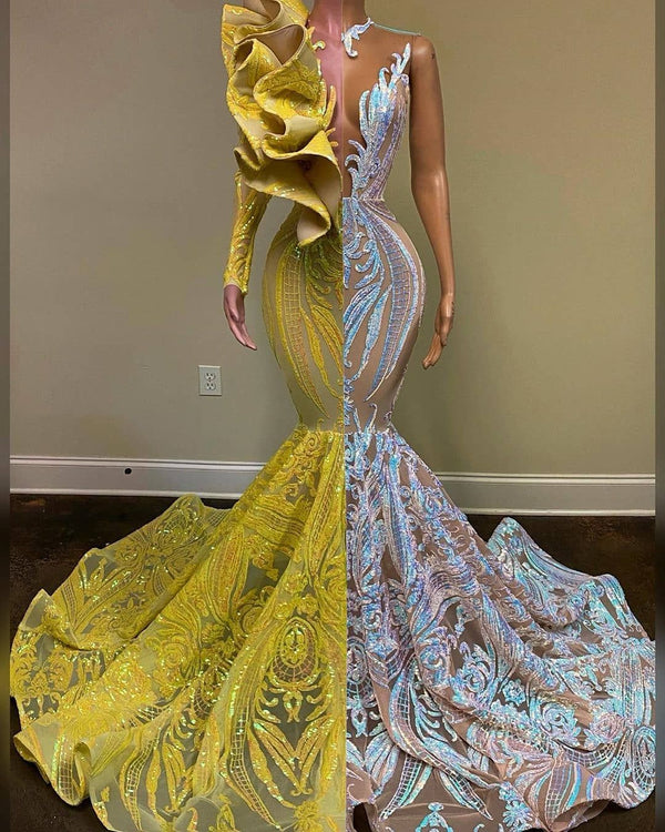 Amazing V-Neck One Shoulder Long Sleeve Long Mermaid Prom Dress-stylesnuggle