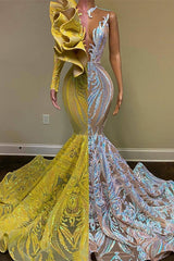 Amazing V-Neck One Shoulder Long Sleeve Long Mermaid Prom Dress-stylesnuggle