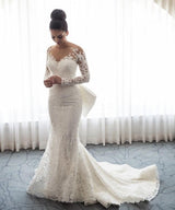 Inspired by this wedding dress at stylesnuggle.com,Mermaid style, and Amazing Lace,Bow work? We meet all your need with this Classic AmazingMermaid Lace Bowknot Wedding Bride Dress Detachable Overskirt Sleeve Bridal Dress.