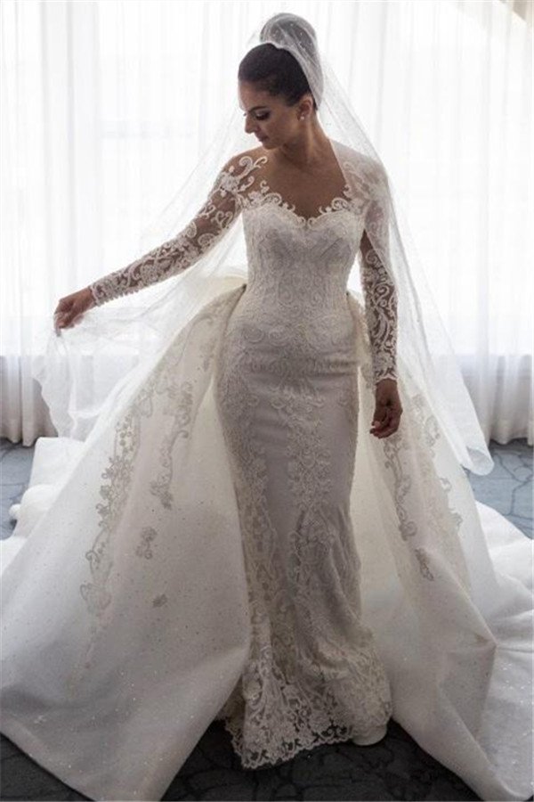 Inspired by this wedding dress at stylesnuggle.com,Mermaid style, and Amazing Lace,Bow work? We meet all your need with this Classic AmazingMermaid Lace Bowknot Wedding Bride Dress Detachable Overskirt Sleeve Bridal Dress.