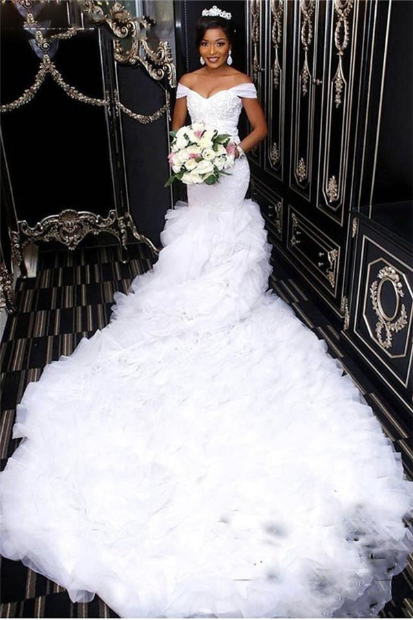 AmazingOff the Shoulder Lace Wedding Dress Mermaid Ruffless Bridal Gowns-stylesnuggle