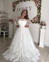 stylesnuggle offers Amazing Off-the-Shoulder Long Sleevess Lace Princess Plus size wedding dress at factory price from White,Ivory,Champagne,Black, Lace to A-line Floor-length hem.