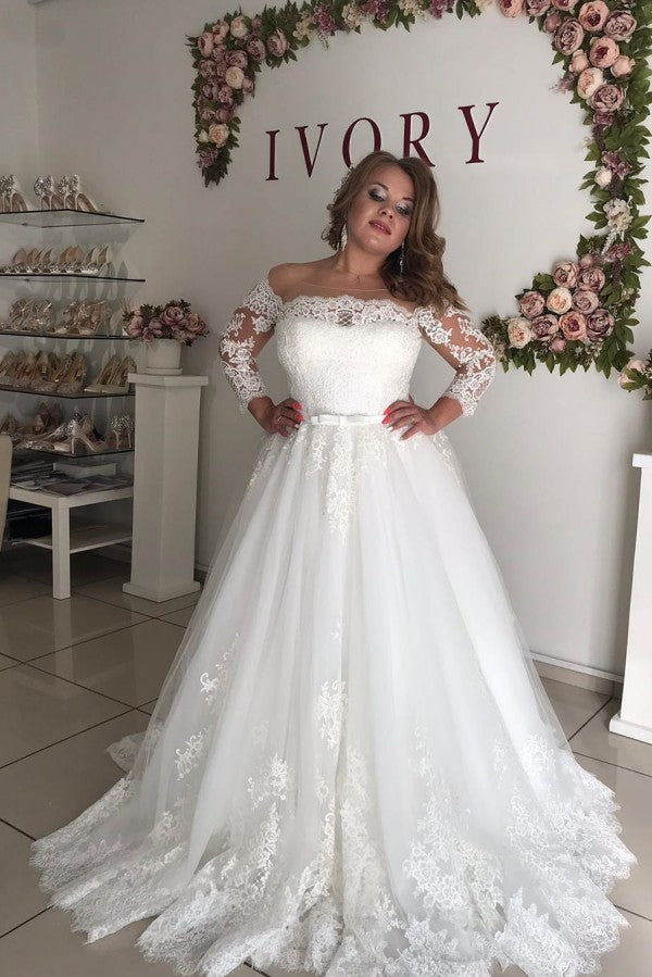 stylesnuggle offers Amazing Off-the-Shoulder Long Sleevess Lace Princess Plus size wedding dress at factory price from White,Ivory,Champagne,Black, Lace to A-line Floor-length hem.