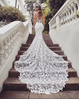 Searching for a dress in lace, Mermaid style, and delicate Lace,Pearls work? We meet all your need with this Classic AmazingTrain Sleeveless V-neck Lace mermaid wedding dresses at factory price.