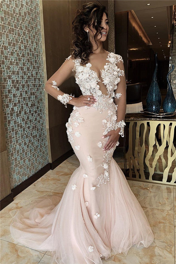 stylesnuggle offers beautiful Appliques Mermaid Lace Prom Dresses V-neck Formal Gowns to fit your style,  body type &Elegant sense. Check out  selection and find the Mermaid Prom Party Gowns of your dreams!