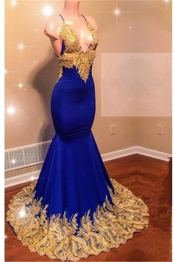 Appliques Spaghetti Sleeveless V-neck Mermaid Prom Dresses-stylesnuggle