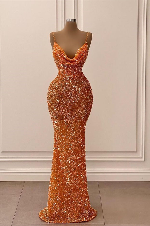 Stunning Orange Spaghetti-Straps Prom Dress Mermaid Sequins Sleeveless