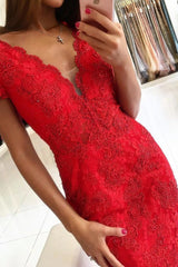 Backless V-neck Short Sleeves Lace Prom Dress Mermaid Red Long-stylesnuggle