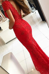 Backless V-neck Short Sleeves Lace Prom Dress Mermaid Red Long-stylesnuggle