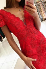 Backless V-neck Short Sleeves Lace Prom Dress Mermaid Red Long-stylesnuggle