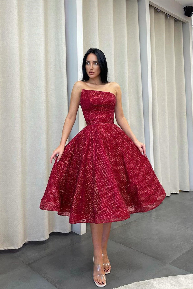 Ball Gown Asymmetrical Strapless Sequined Tea-length Sleeveless Open Back Elegant Homecoming Dress-stylesnuggle