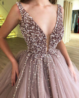 Ball Gown Deep V-neck Wide Strap Floor Length Tulle Beaded Prom Dress-stylesnuggle