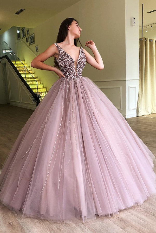 Ball Gown Deep V-neck Wide Strap Floor Length Tulle Beaded Prom Dress-stylesnuggle